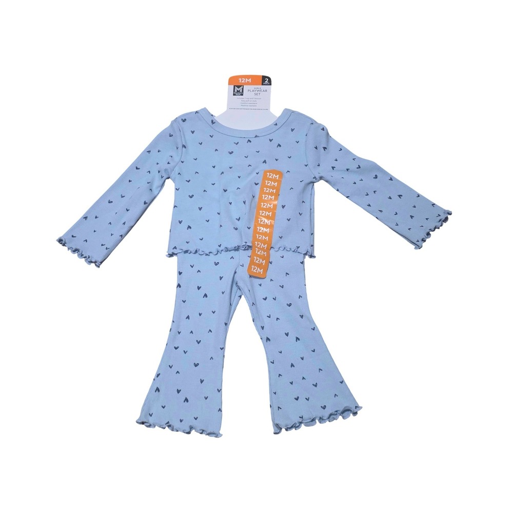 Member's Mark Baby Girls 12M Blue Heart Ribbed Playwear Set Top & Flare Pants